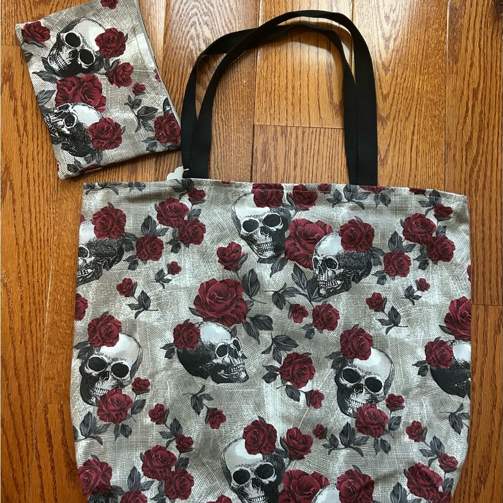 Skull and Rose Tote Bag with Pouch